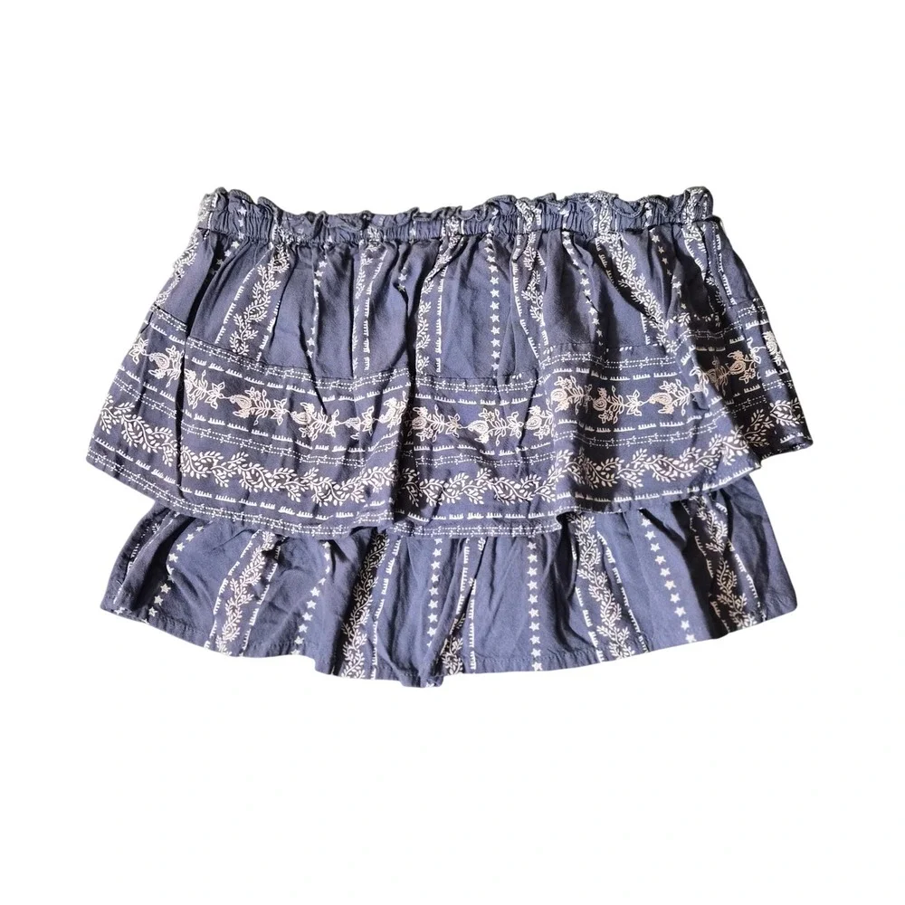 Japna Blue Floral Tiered Mini Skirt Smocked Waist Boho Rayon Ruffle Small